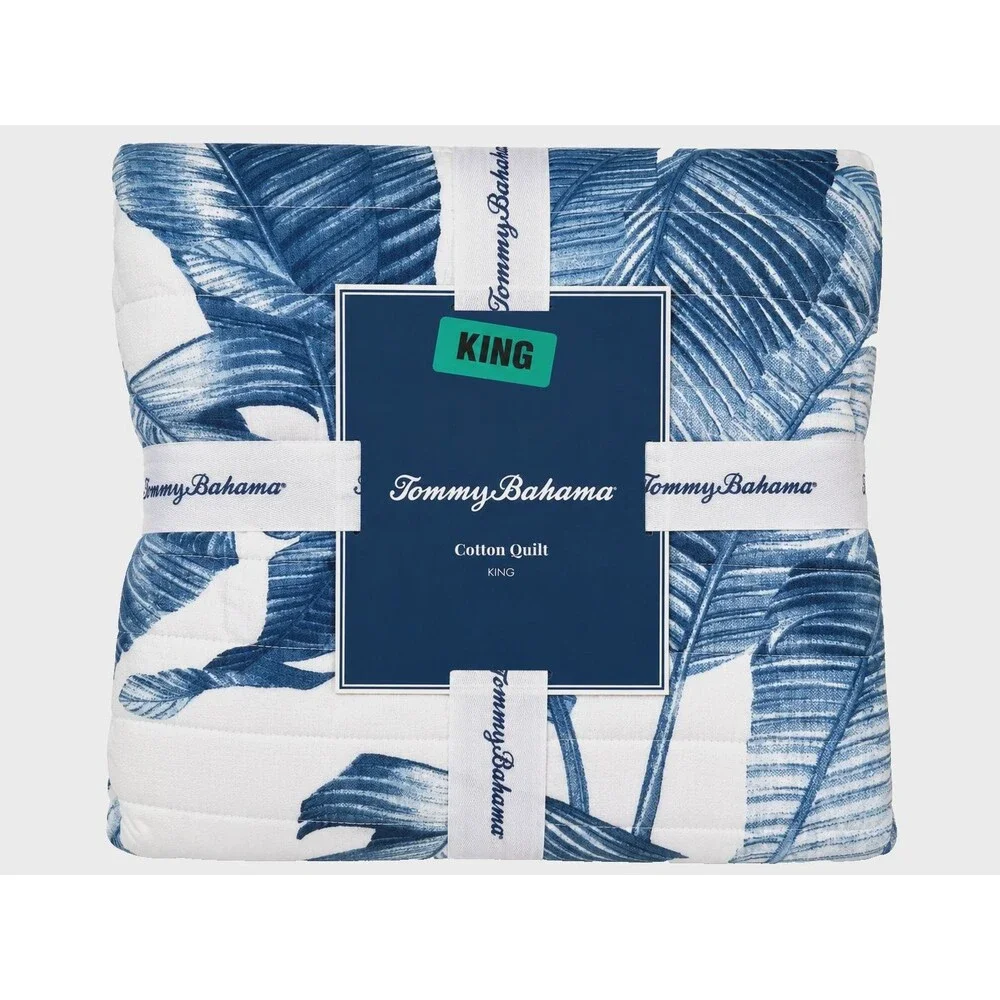 Tommy Bahama Fiesta Palms King Quilt Comforter Blue White Reversible Tropical